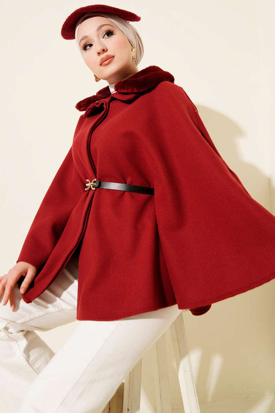 Gömlek Yaka Kürklü Kaşe Panço Bordo