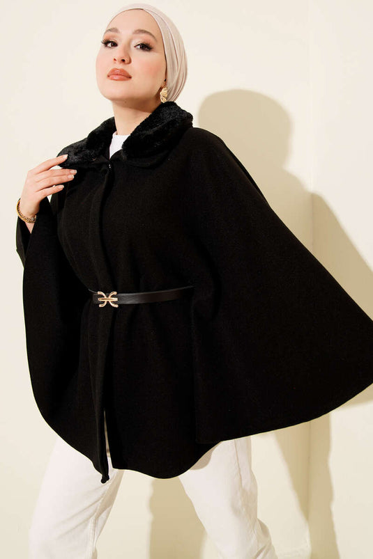 Shirt Collar Fur-Lined Cashmere Poncho, Black