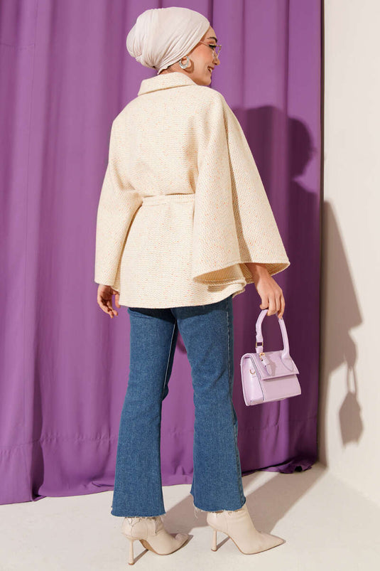 Gömlek Yaka Kuşaklı Kaşe Panço Bej