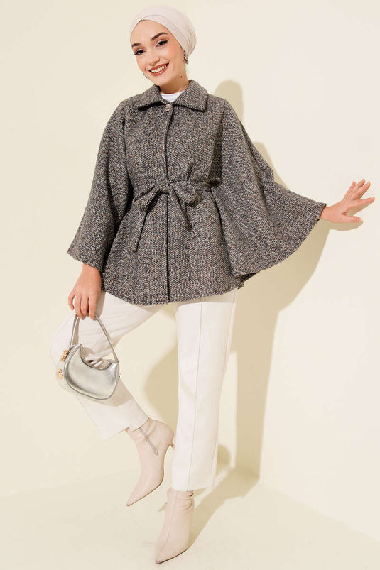 Gömlek Yaka Kuşaklı Kaşe Panço Füme