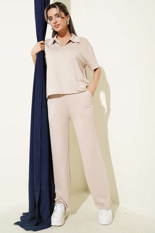 Hemdkragen Loyşa T-Shirt-Set mit Steinen Beige