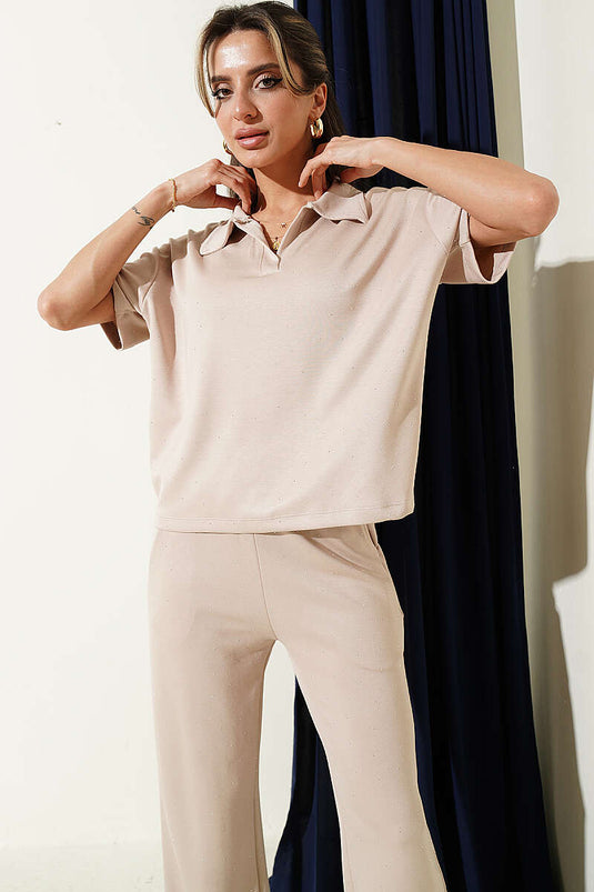 Hemdkragen Loyşa T-Shirt-Set mit Steinen Beige