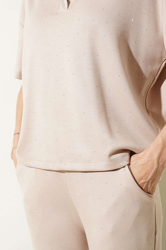 Hemdkragen Loyşa T-Shirt-Set mit Steinen Beige