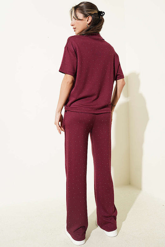 Ensemble T-shirt col chemise Loyşa avec pierres, bordeaux