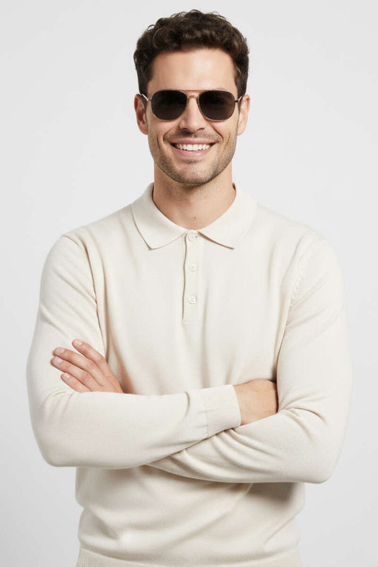 Gömlek Yaka Merserize Triko Erkek Kazak Bej