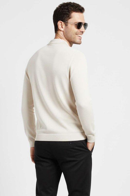 Gömlek Yaka Merserize Triko Erkek Kazak Bej