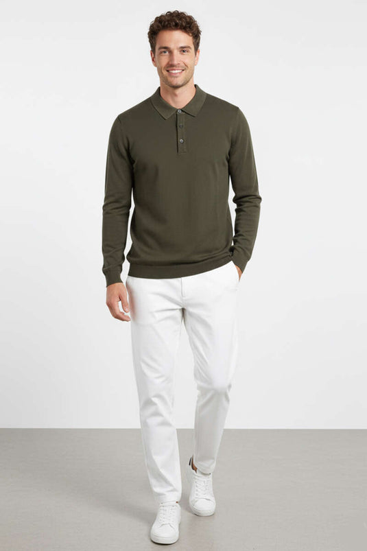 Gömlek Yaka Merserize Triko Erkek Kazak Haki