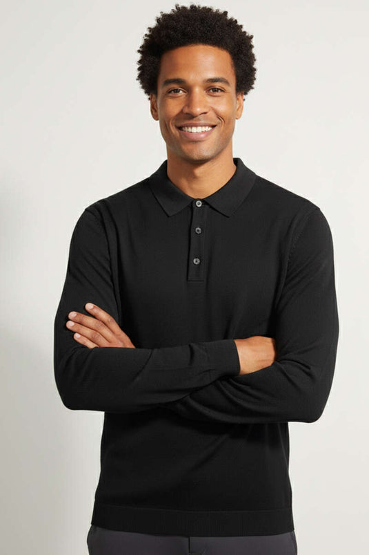 Gömlek Yaka Merserize Triko Erkek Kazak Siyah