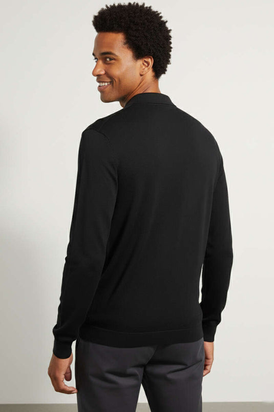 Gömlek Yaka Merserize Triko Erkek Kazak Siyah