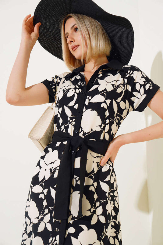 Shirt Collar Midi Dress Black