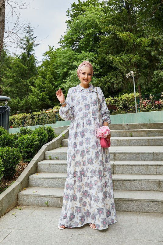 Shirt Collar Modal Patterned Hijab Dress Gray