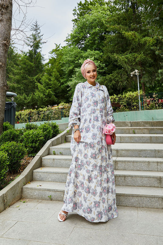 Shirt Collar Modal Patterned Hijab Dress Gray