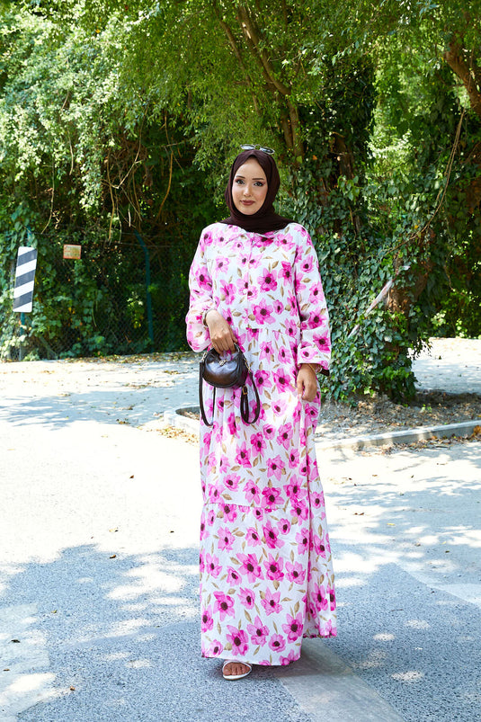 Shirt Collar Modal Patterned Hijab Dress Pink