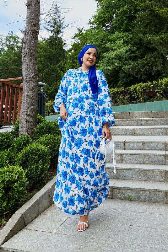 فستان حجاب منقوش بياقة قميص، لون ساكس