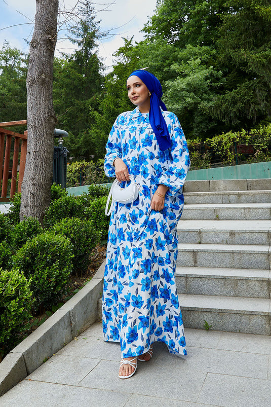 فستان حجاب منقوش بياقة قميص، لون ساكس