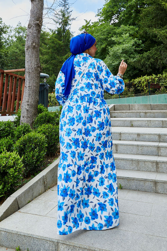 فستان حجاب منقوش بياقة قميص، لون ساكس