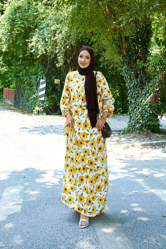 Shirt Collar Modal Patterned Hijab Dress Yellow