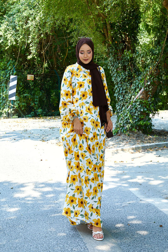 Shirt Collar Modal Patterned Hijab Dress Yellow
