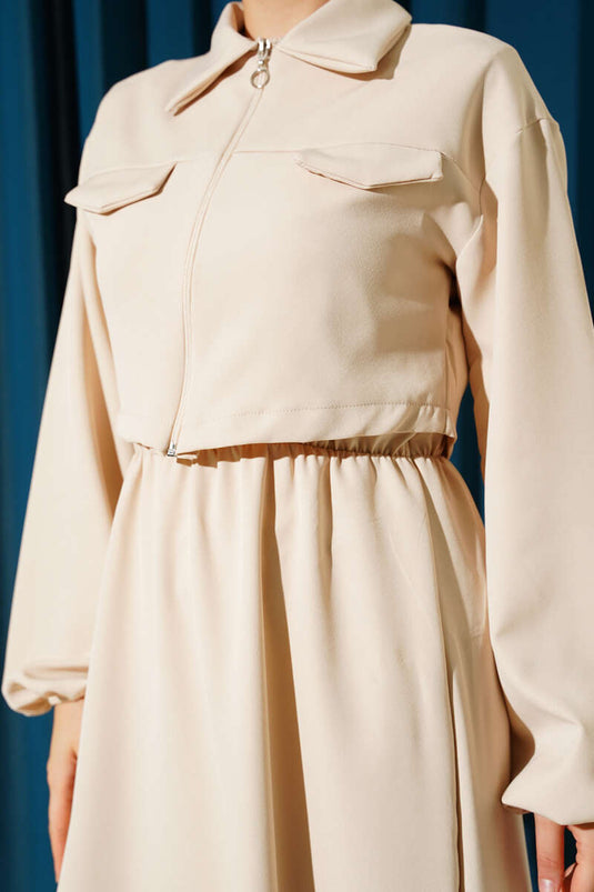 Ensemble gilet à col chemise et fermeture éclair sur le devant, beige