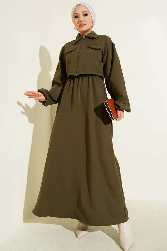 Ensemble chemise-col et gilet à fermeture éclair sur le devant, kaki