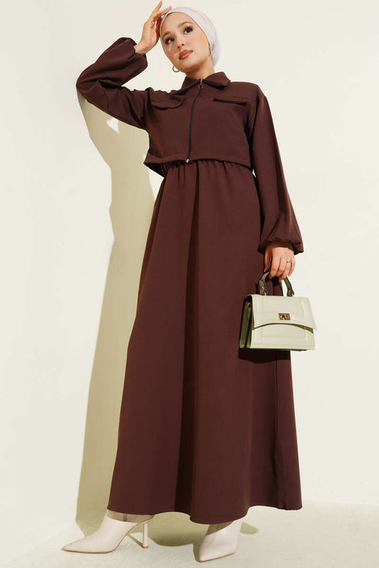 طقم صدرية بياقة قميص وسحاب أمامي، لون بني فاتح