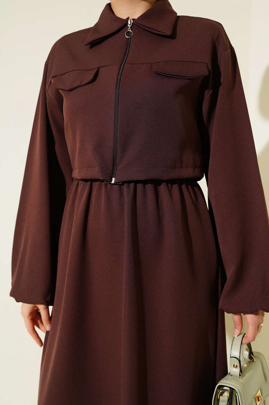 Ensemble gilet à col chemise et fermeture éclair sur le devant, couleur café