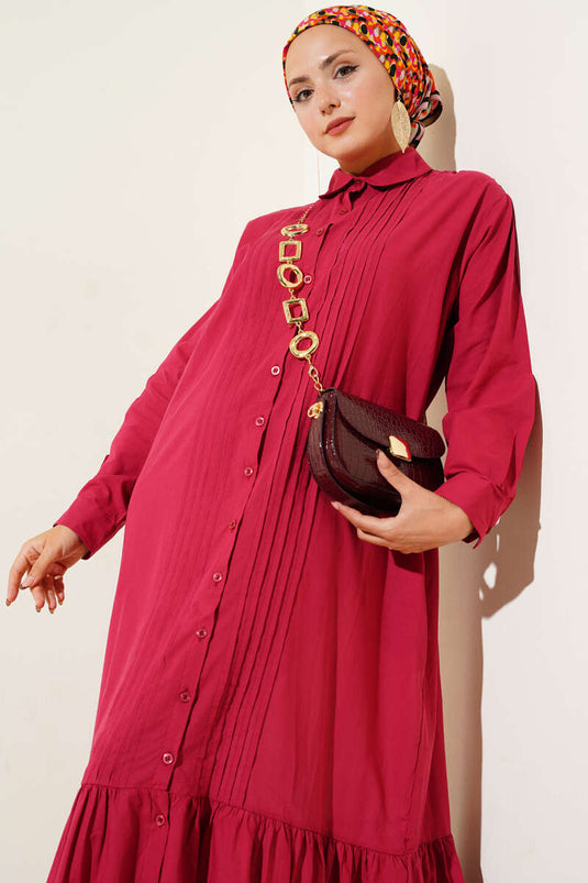 Gömlek Yaka Önü Pileli Elbise Lacivert Bordo