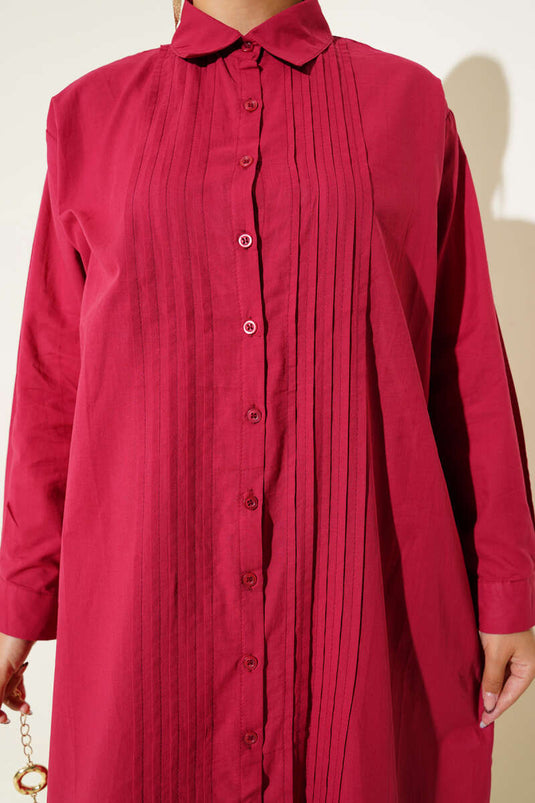 Gömlek Yaka Önü Pileli Elbise Lacivert Bordo