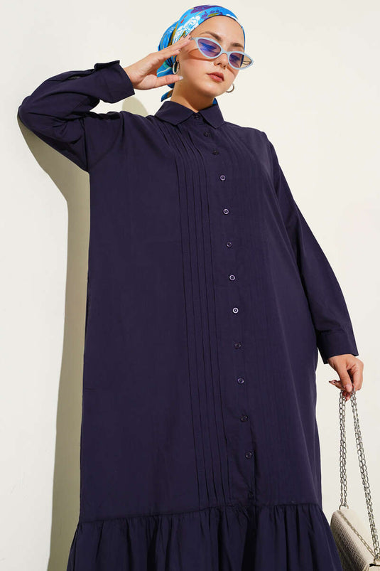 Shirt Collar Pleated Front Dress Navy Blue