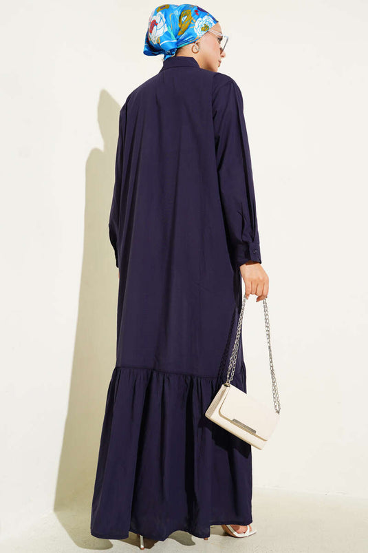 Shirt Collar Pleated Front Dress Navy Blue
