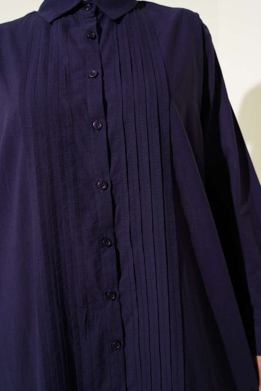 Shirt Collar Pleated Front Dress Navy Blue