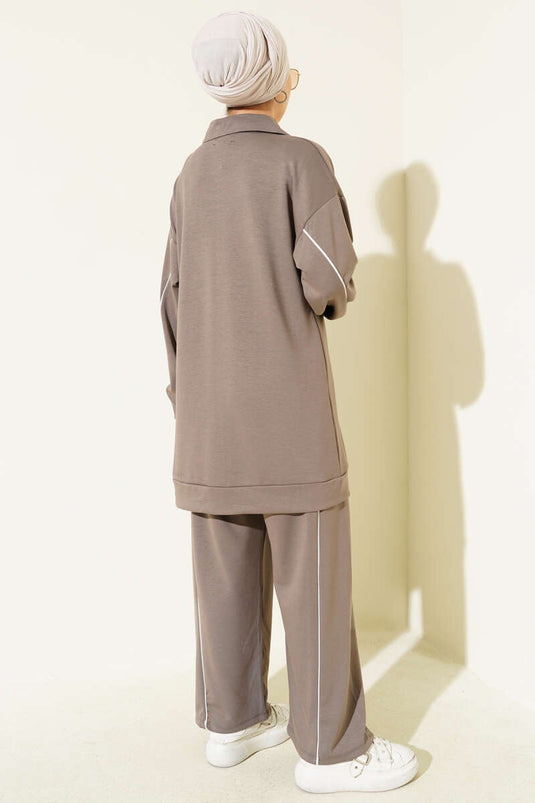 Shirt Collar Faux Pocket Loyşa Two-Piece Set Mink