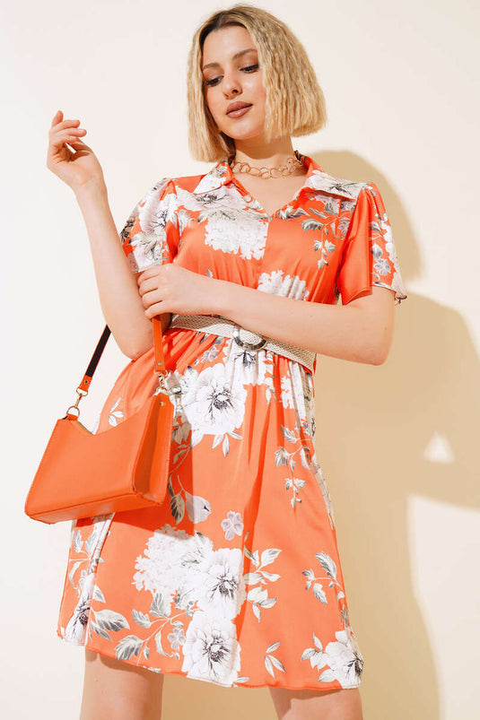 Gömlek Yaka Saten Elbise Oranj