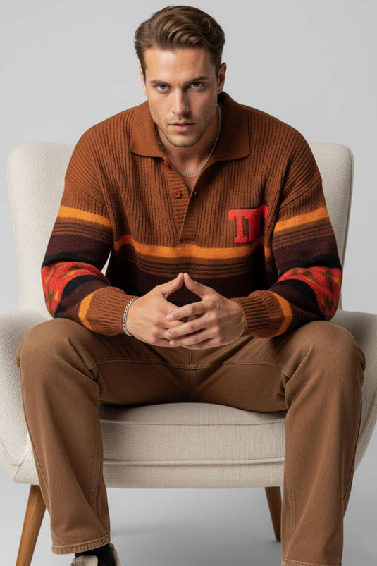 Herrenstrickpullover mit Hemdkragenstreifen, Terrakotta