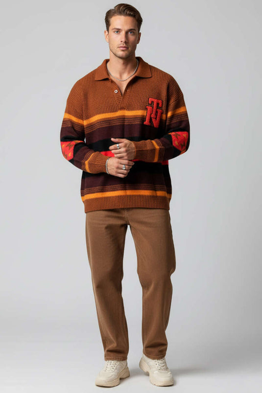 Herrenstrickpullover mit Hemdkragenstreifen, Terrakotta