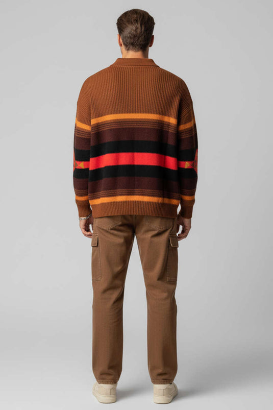 Herrenstrickpullover mit Hemdkragenstreifen, Terrakotta