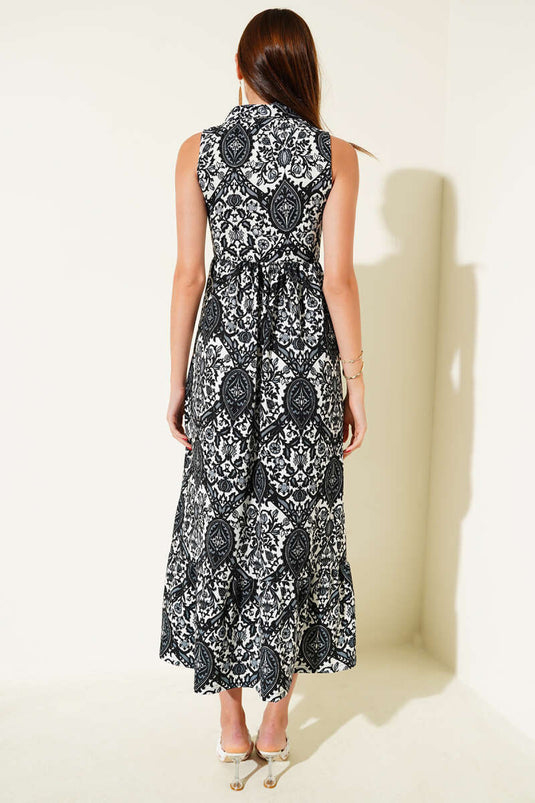Shirt Collar Sleeveless Patterned Dress Black