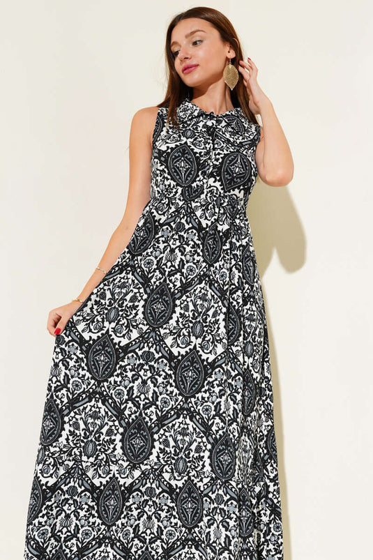 Shirt Collar Sleeveless Patterned Dress Black
