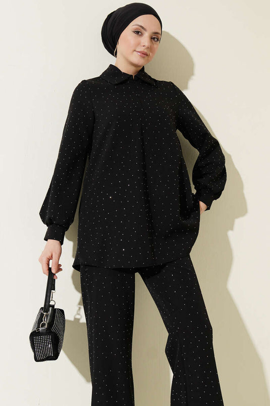 Shirt Collar Stone-Embellished Two-Piece Set Black