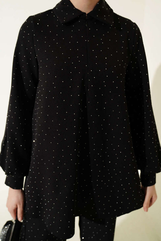 Shirt Collar Stone-Embellished Two-Piece Set Black