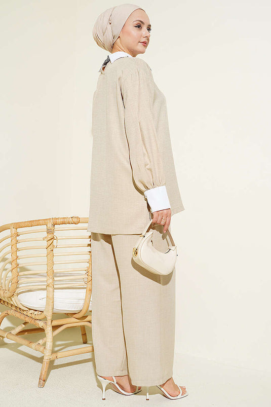 Beige Loose-Fit Two-Piece Set with Shirt Collar and Stones