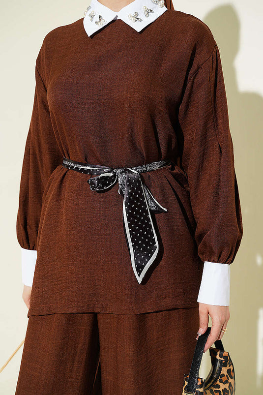 Ensemble décontracté deux pièces col chemise avec pierres, couleur café