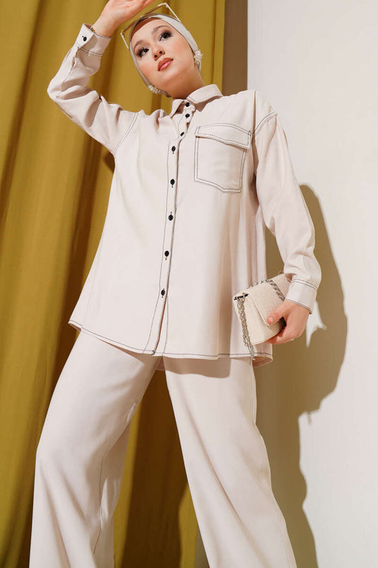 Gömlek Yaka Tek Cepli İkili Takım Bej