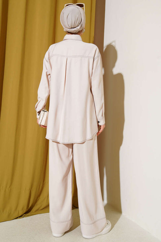 Gömlek Yaka Tek Cepli İkili Takım Bej