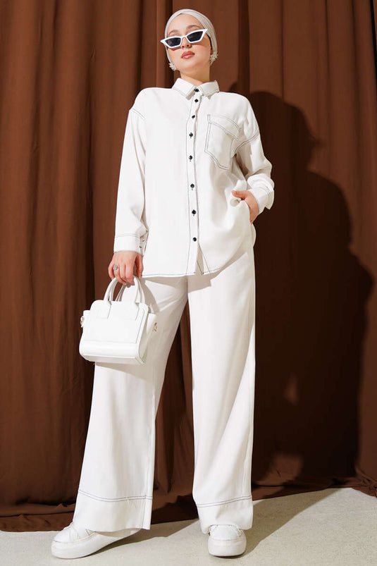 Gömlek Yaka Tek Cepli İkili Takım Beyaz