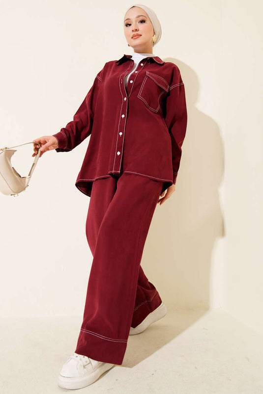 Costume deux pièces à col chemise et poche unique bordeaux