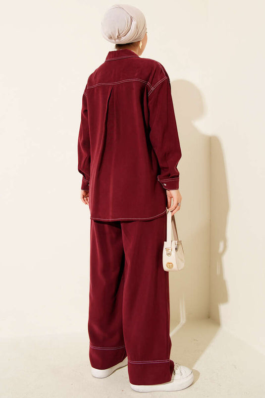 Costume deux pièces à col chemise et poche unique bordeaux