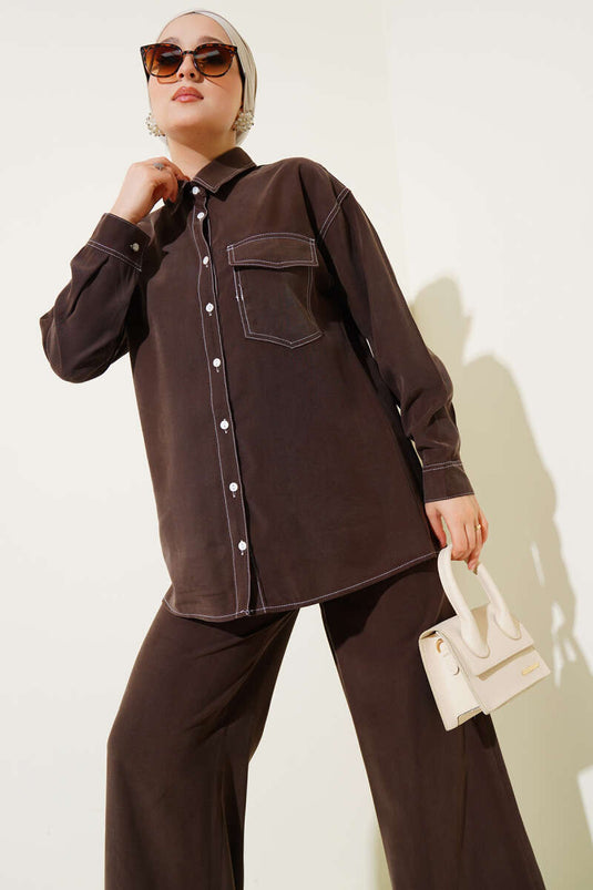 Gömlek Yaka Tek Cepli İkili Takım Kahve