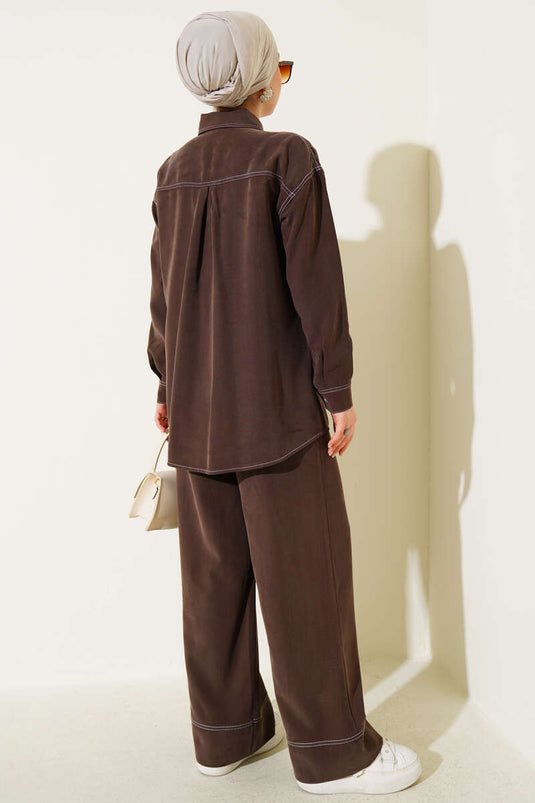 Gömlek Yaka Tek Cepli İkili Takım Kahve