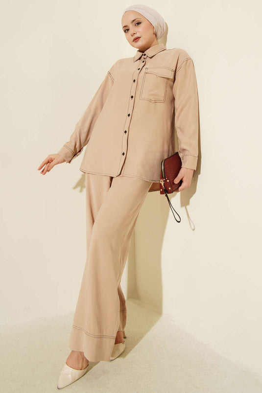 Gömlek Yaka Tek Cepli İkili Takım Latte